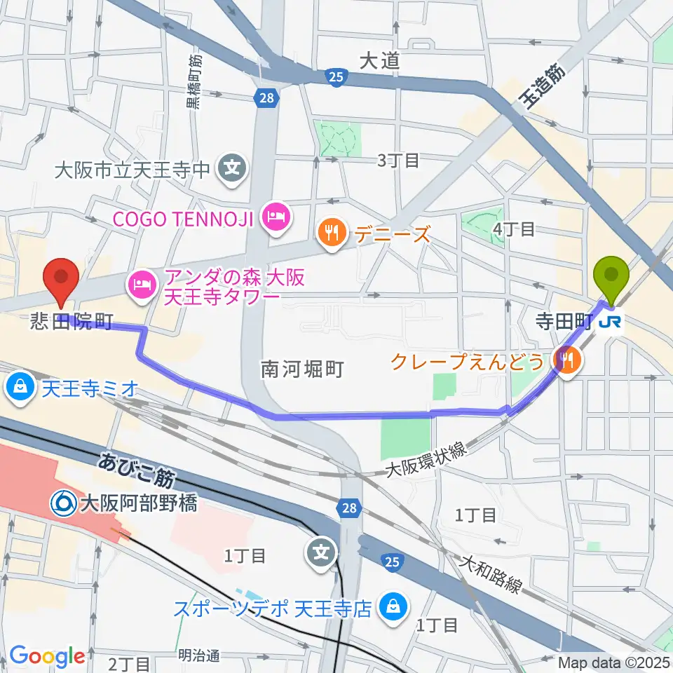 寺田町駅からDivaluxe天王寺校へのルートマップ地図