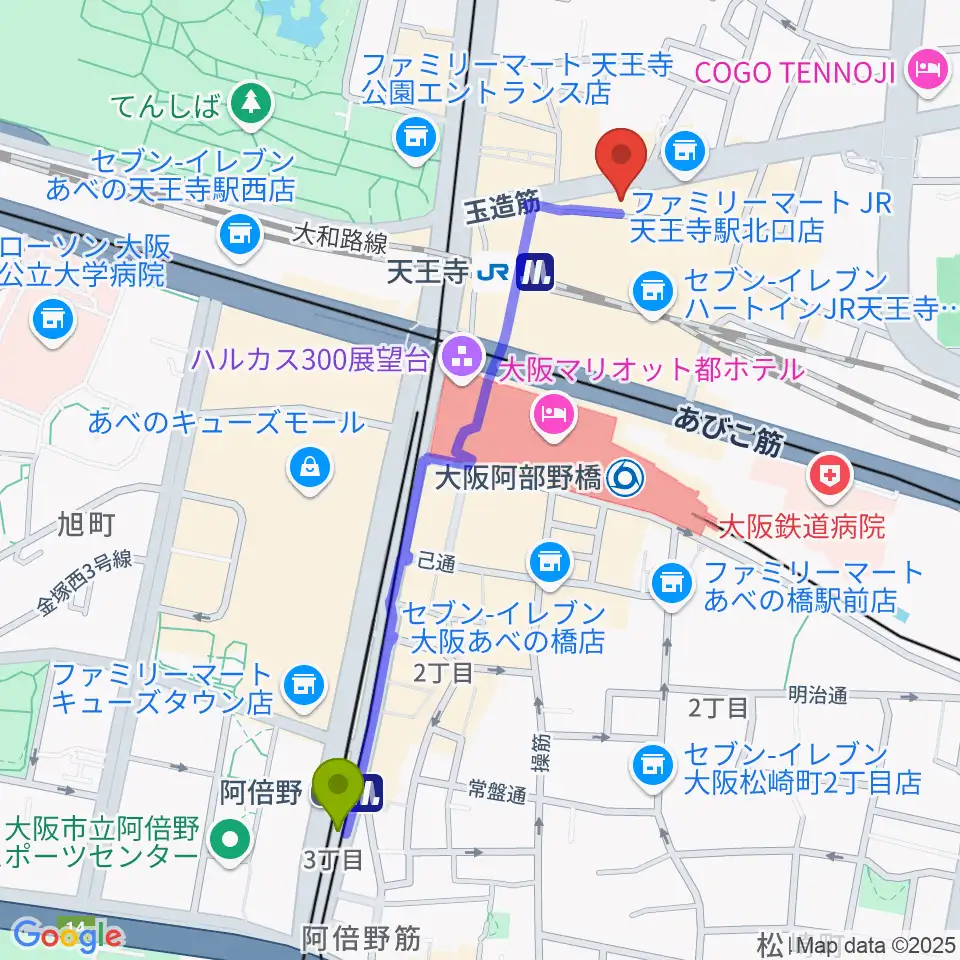阿倍野駅からDivaluxe天王寺校へのルートマップ地図