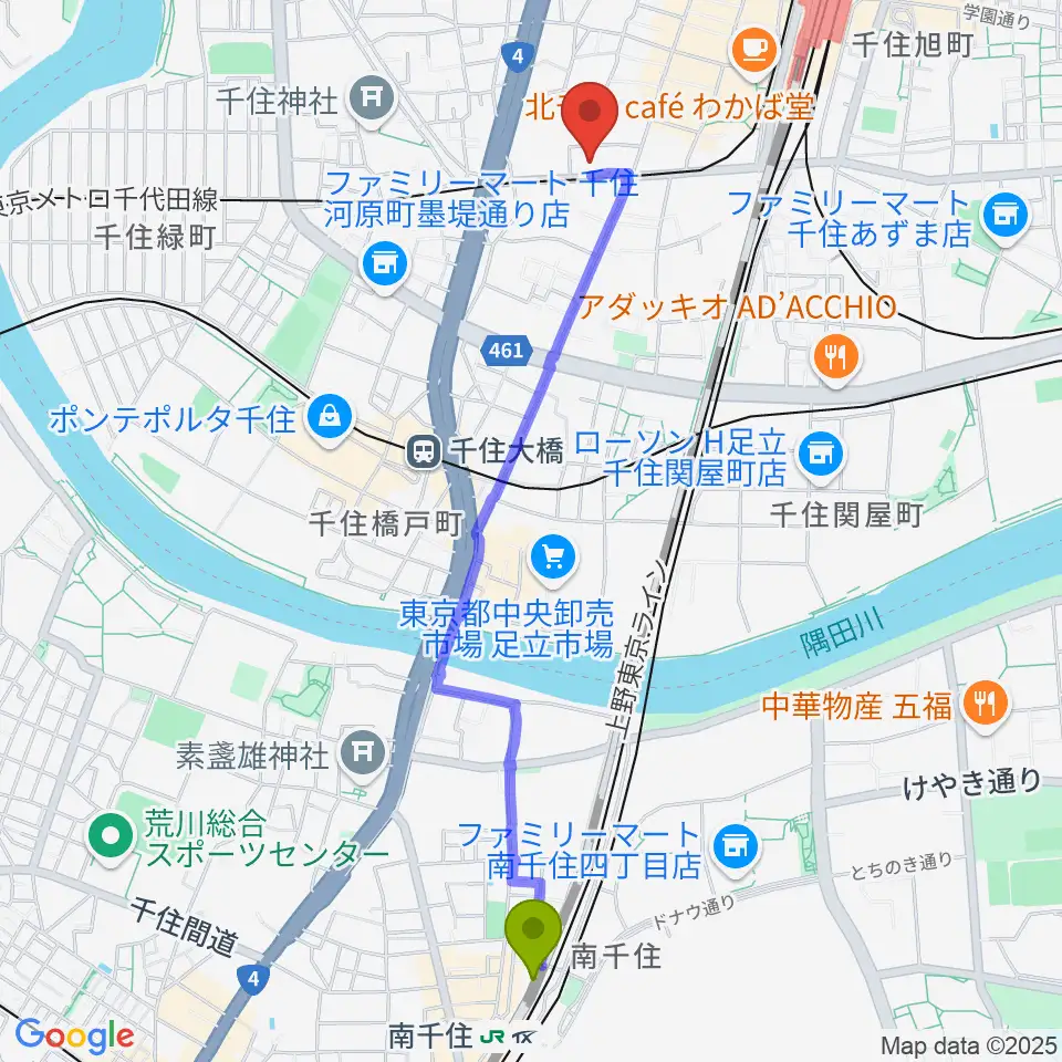 南千住駅から天空劇場へのルートマップ地図