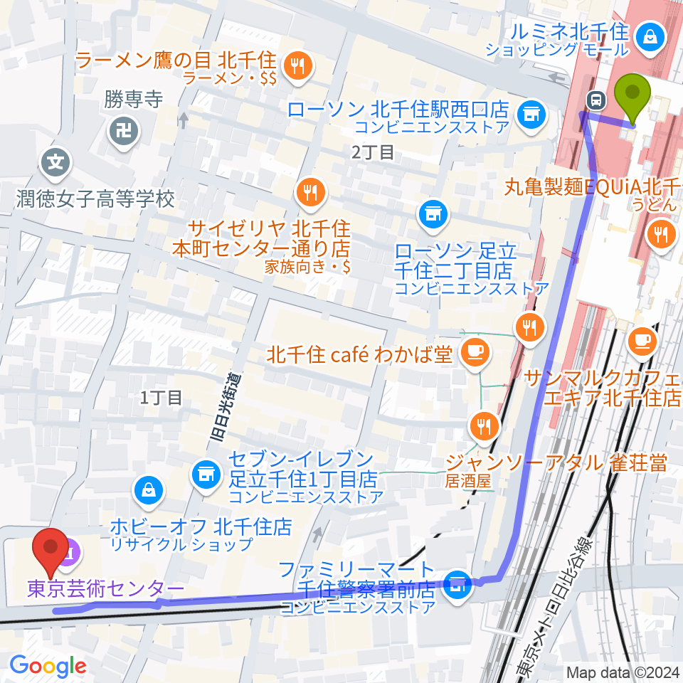 天空劇場の最寄駅北千住駅からの徒歩ルート（約8分）地図