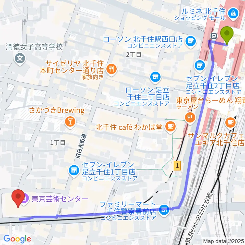 天空劇場の最寄駅北千住駅からの徒歩ルート（約8分）地図