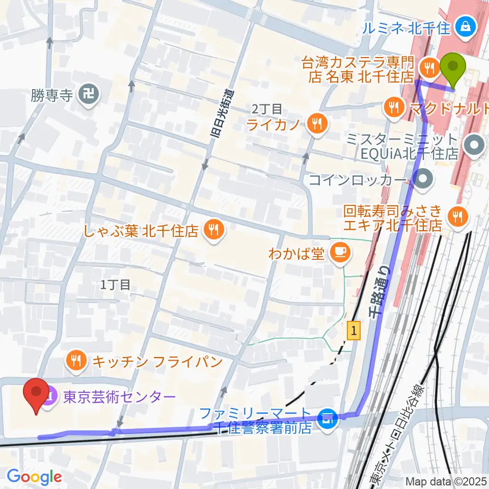天空劇場の最寄駅北千住駅からの徒歩ルート（約8分）地図