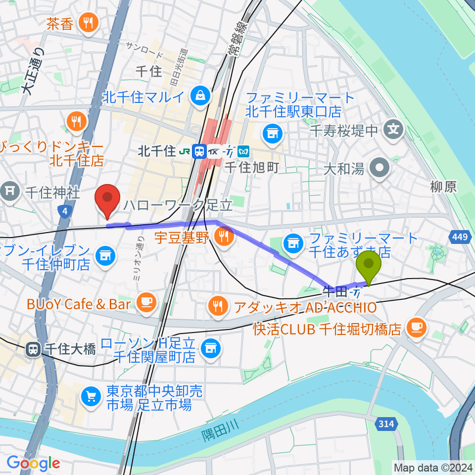 牛田駅から天空劇場へのルートマップ地図