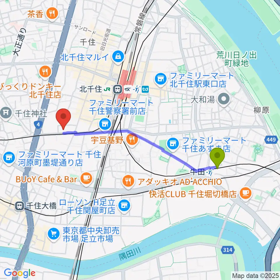 牛田駅から天空劇場へのルートマップ地図