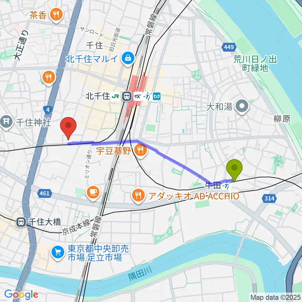 牛田駅から天空劇場へのルートマップ地図
