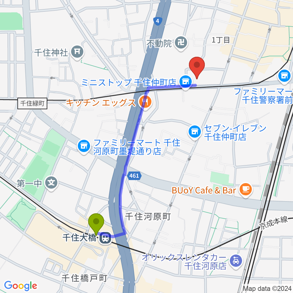 千住大橋駅から天空劇場へのルートマップ地図