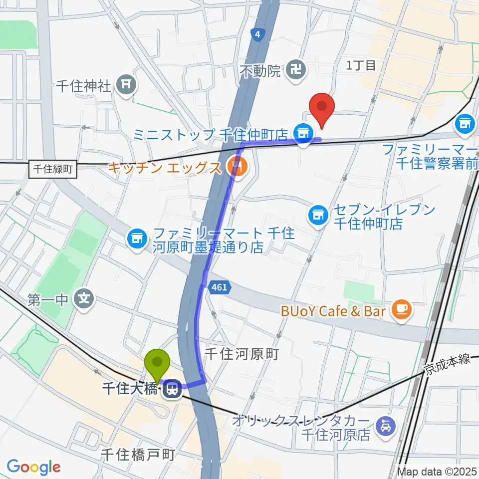 千住大橋駅から天空劇場へのルートマップ地図