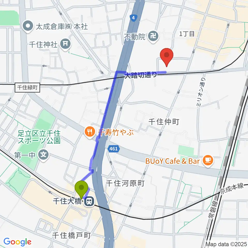 千住大橋駅から天空劇場へのルートマップ地図