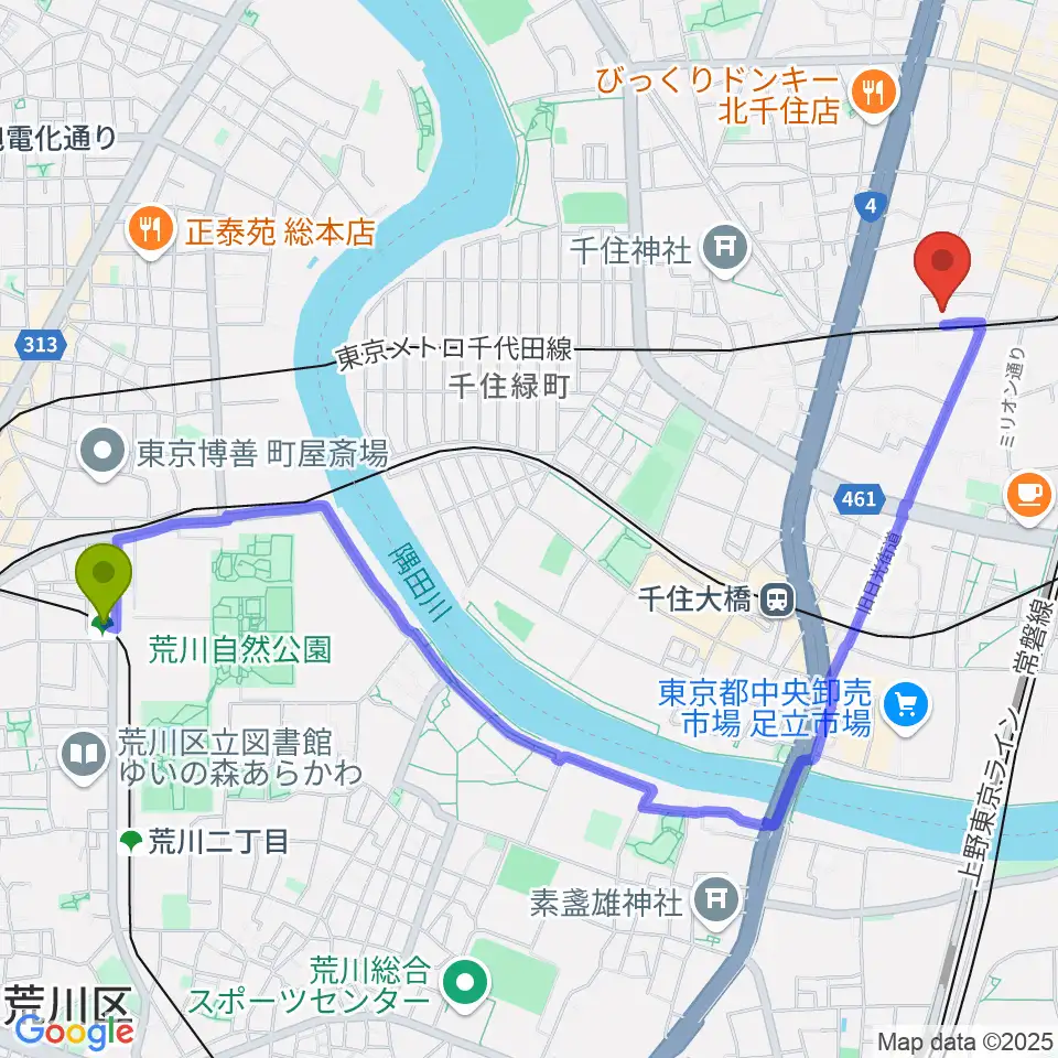 荒川七丁目駅から天空劇場へのルートマップ地図