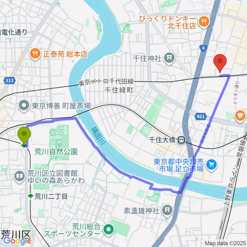 荒川七丁目駅から天空劇場へのルートマップ地図