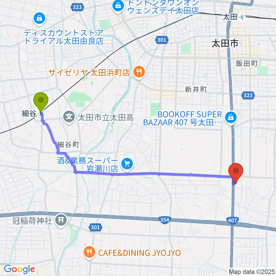 細谷駅から鈴木楽器 太田南支店へのルートマップ地図