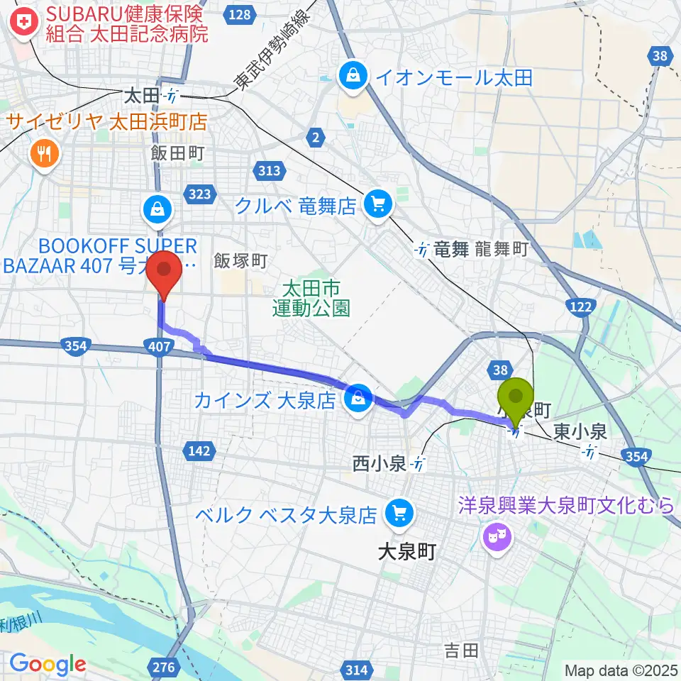 小泉町駅から鈴木楽器 太田南支店へのルートマップ地図