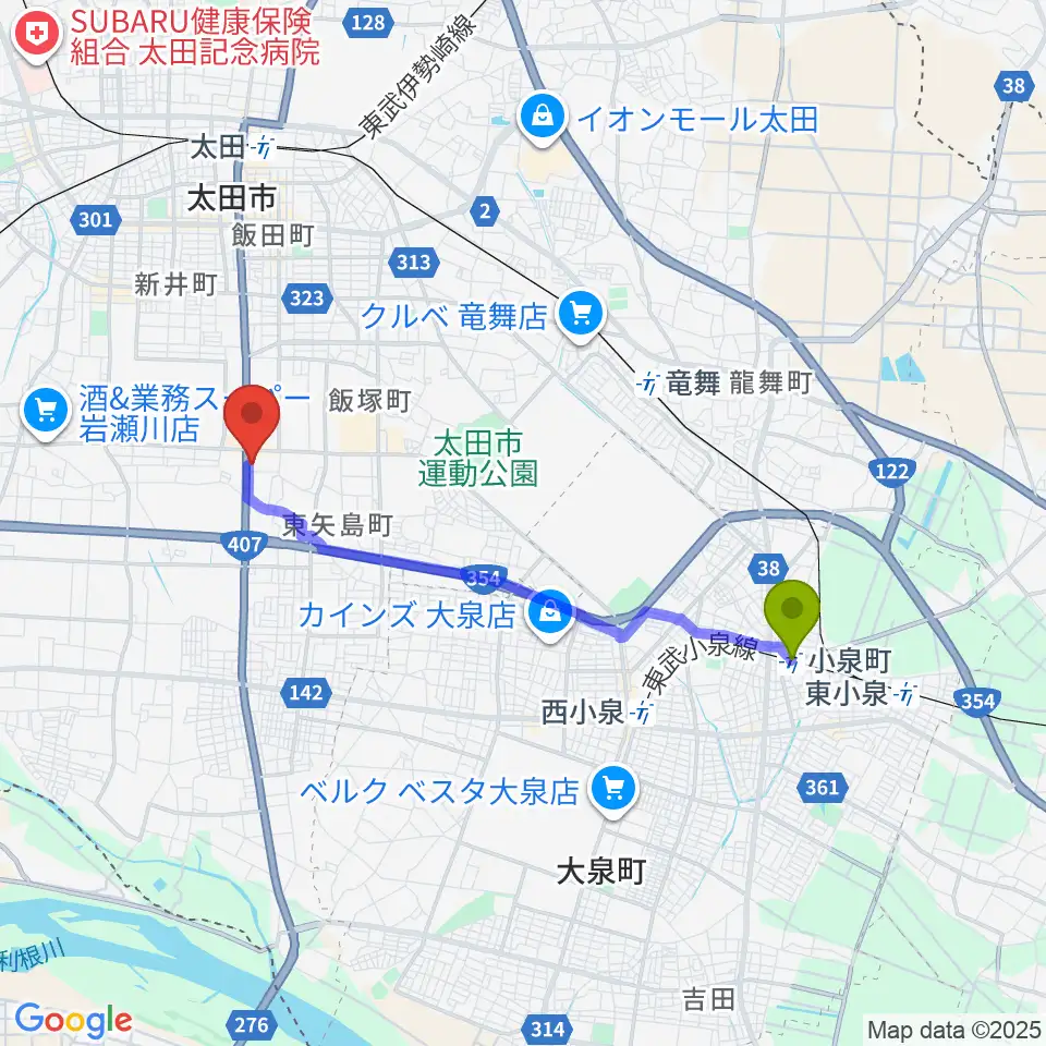 小泉町駅から鈴木楽器 太田南支店へのルートマップ地図