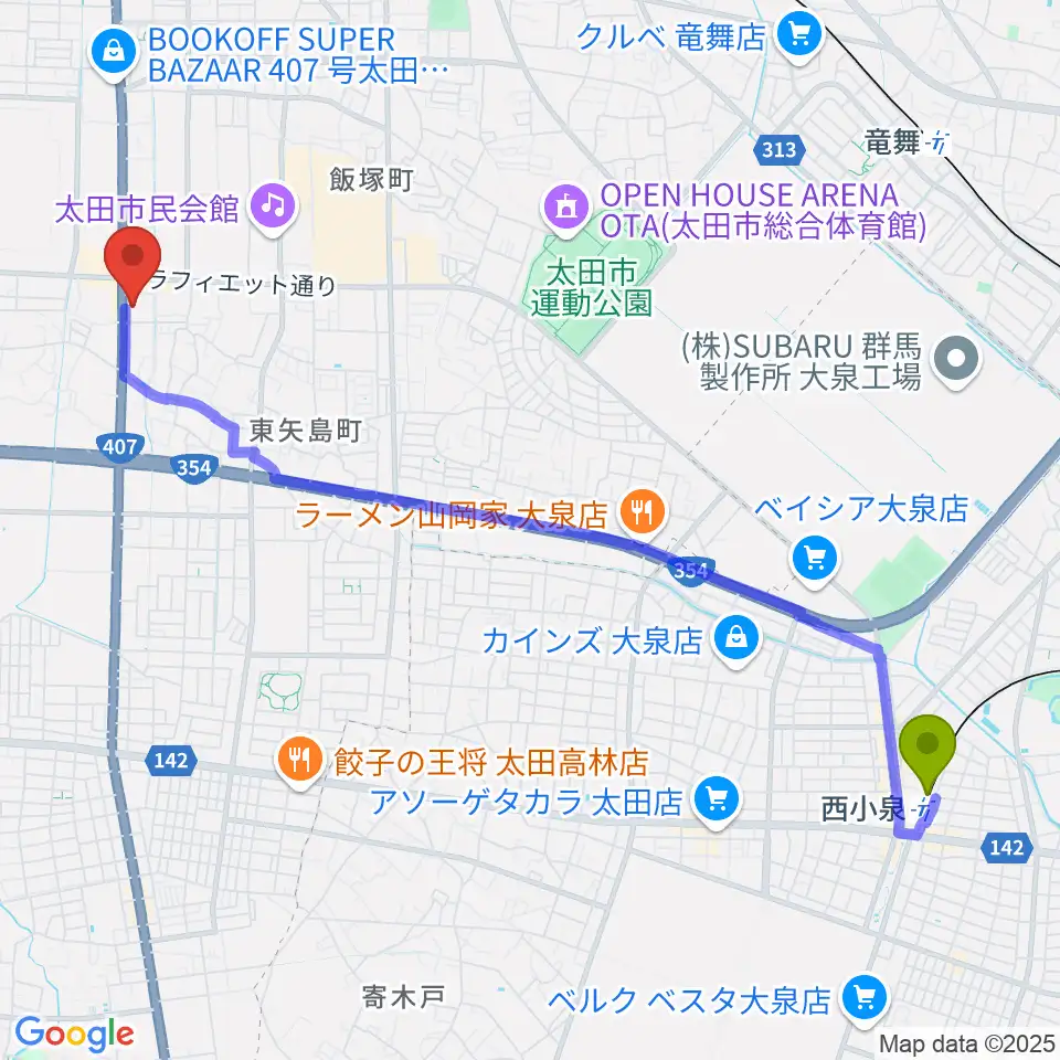 西小泉駅から鈴木楽器 太田南支店へのルートマップ地図