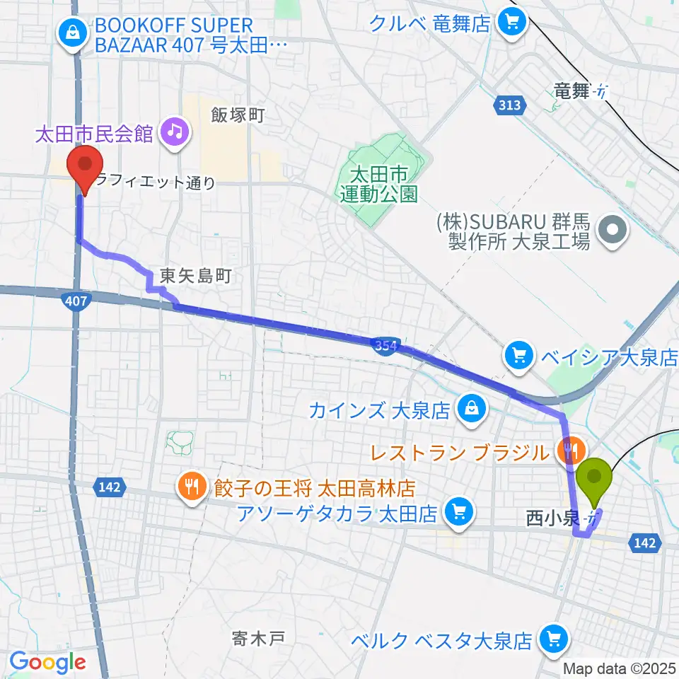 西小泉駅から鈴木楽器 太田南支店へのルートマップ地図