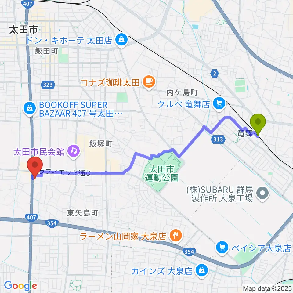 竜舞駅から鈴木楽器 太田南支店へのルートマップ地図