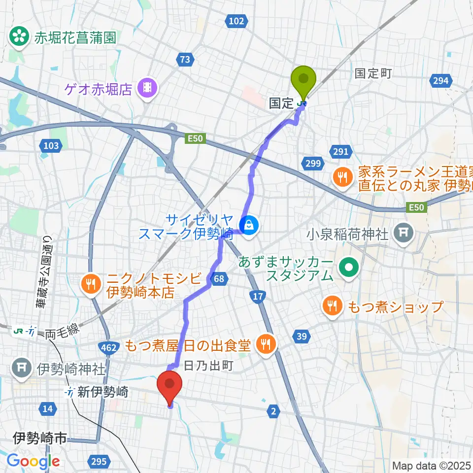 国定駅から鈴木楽器 伊勢崎支店へのルートマップ地図