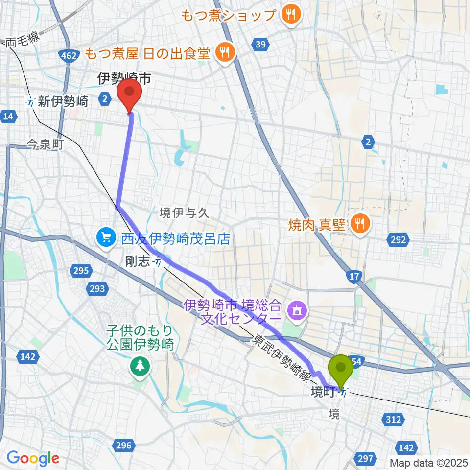 境町駅から鈴木楽器 伊勢崎支店へのルートマップ地図