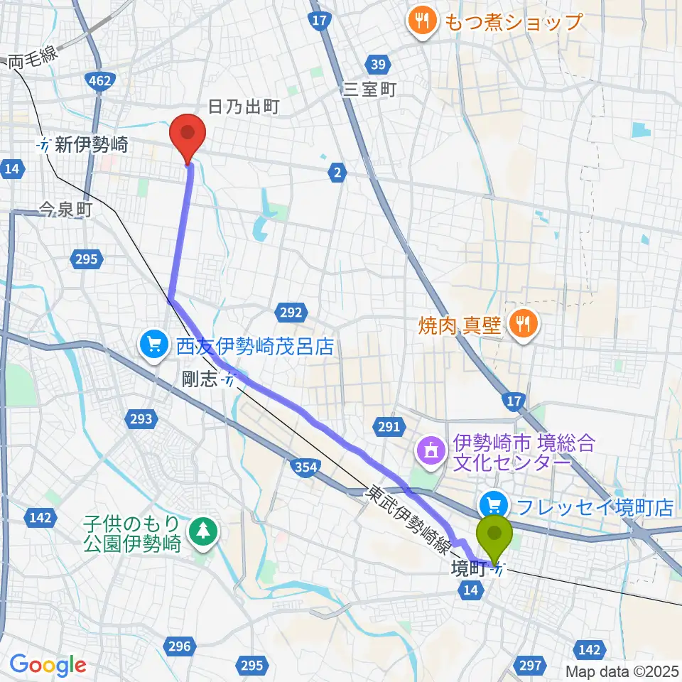 境町駅から鈴木楽器 伊勢崎支店へのルートマップ地図