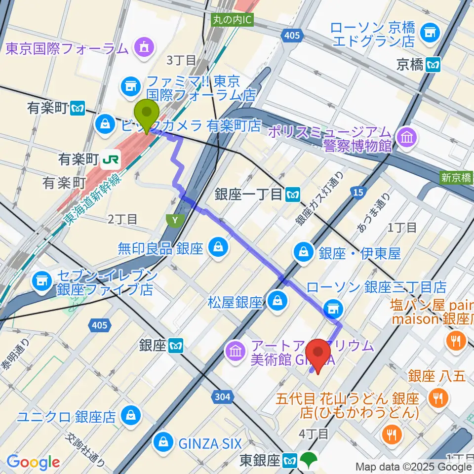 有楽町駅から銀座フェニックスプラザへのルートマップ地図
