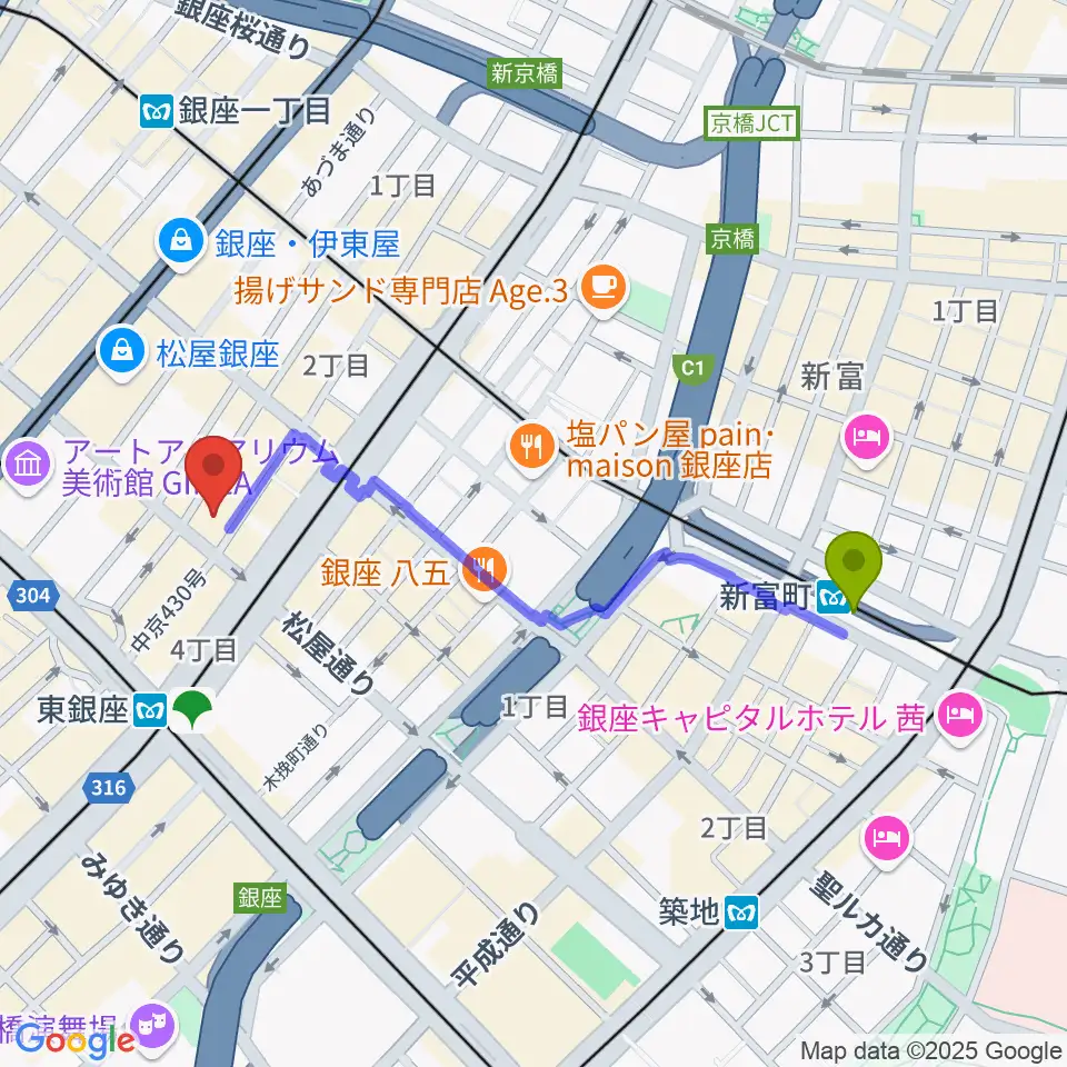 新富町駅から銀座フェニックスプラザへのルートマップ地図