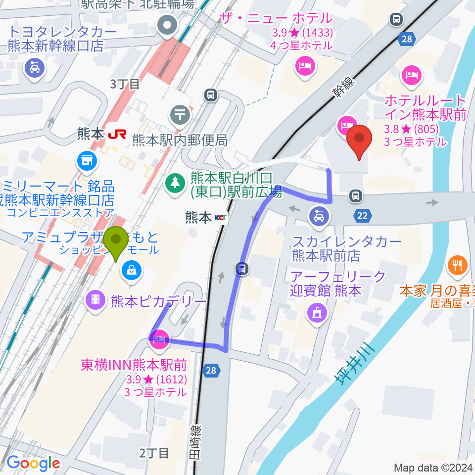 くまもと森都心プラザの最寄駅熊本駅からの徒歩ルート（約4分）地図