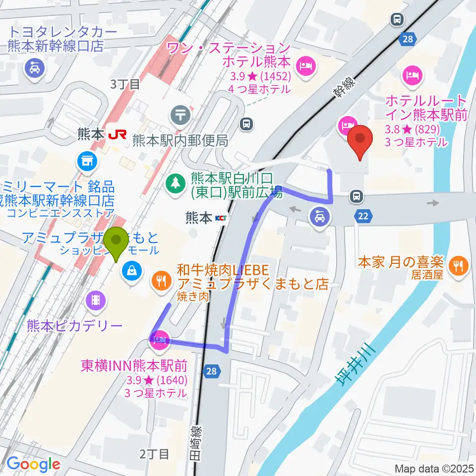 くまもと森都心プラザの最寄駅熊本駅からの徒歩ルート（約4分）地図