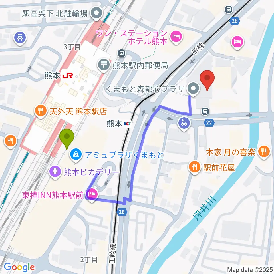 くまもと森都心プラザの最寄駅熊本駅からの徒歩ルート（約4分）地図