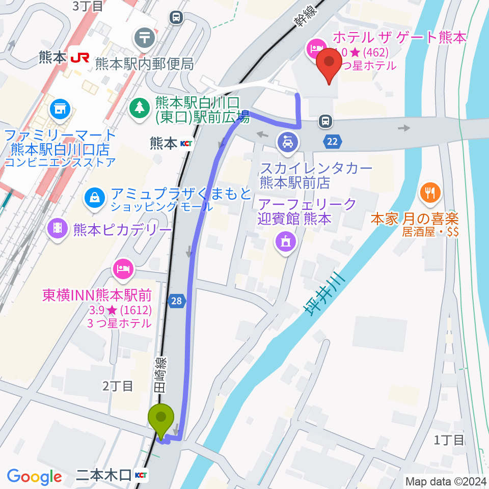 二本木口駅からくまもと森都心プラザへのルートマップ地図