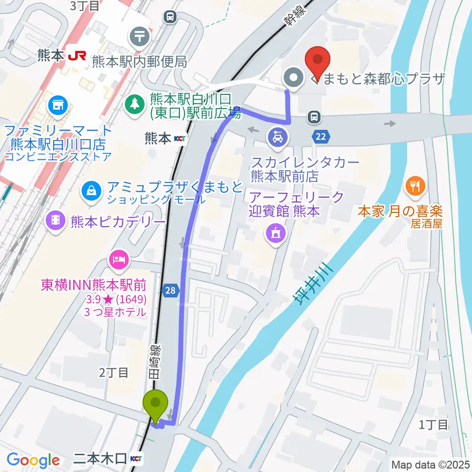 二本木口駅からくまもと森都心プラザへのルートマップ地図