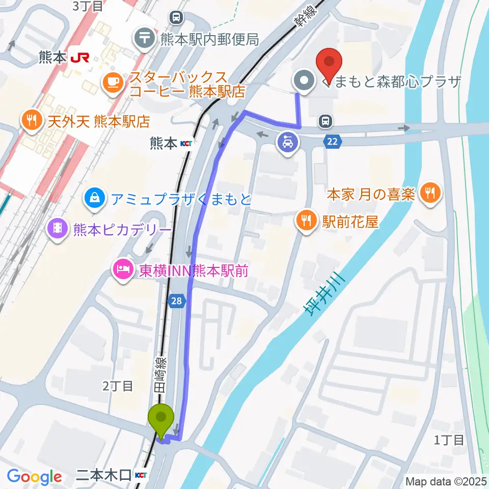 二本木口駅からくまもと森都心プラザへのルートマップ地図