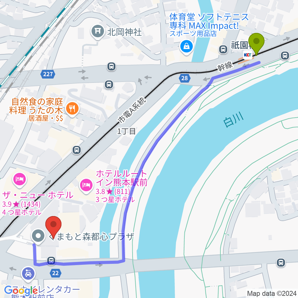 祇園橋駅からくまもと森都心プラザへのルートマップ地図