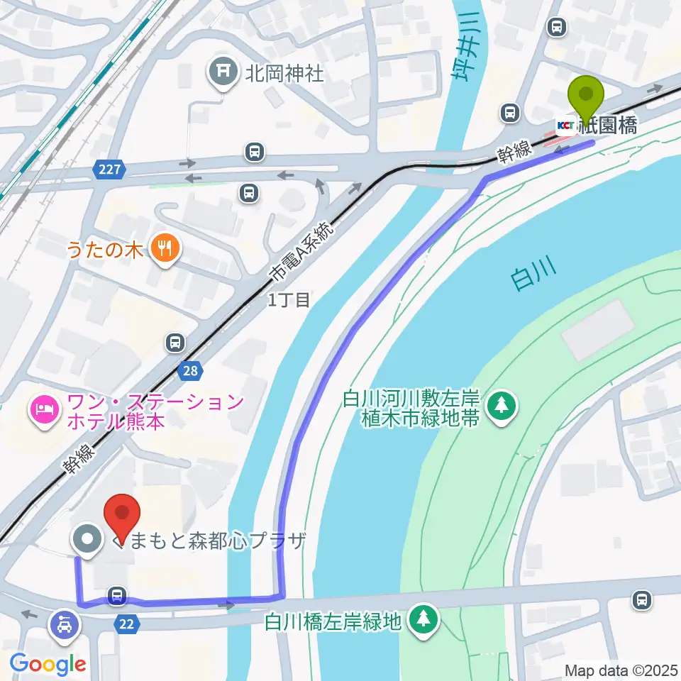 祇園橋駅からくまもと森都心プラザへのルートマップ地図