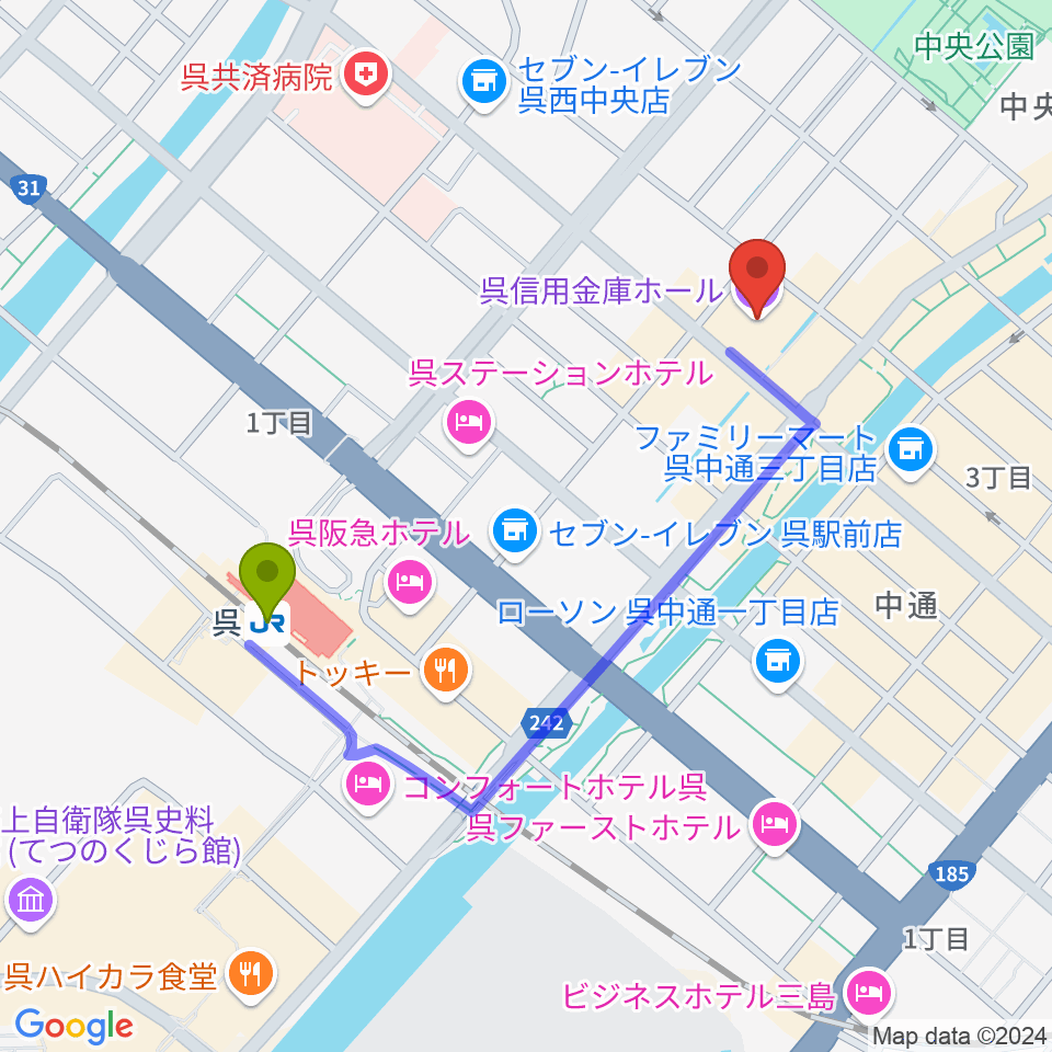 呉信用金庫ホールの最寄駅呉駅からの徒歩ルート（約9分）地図