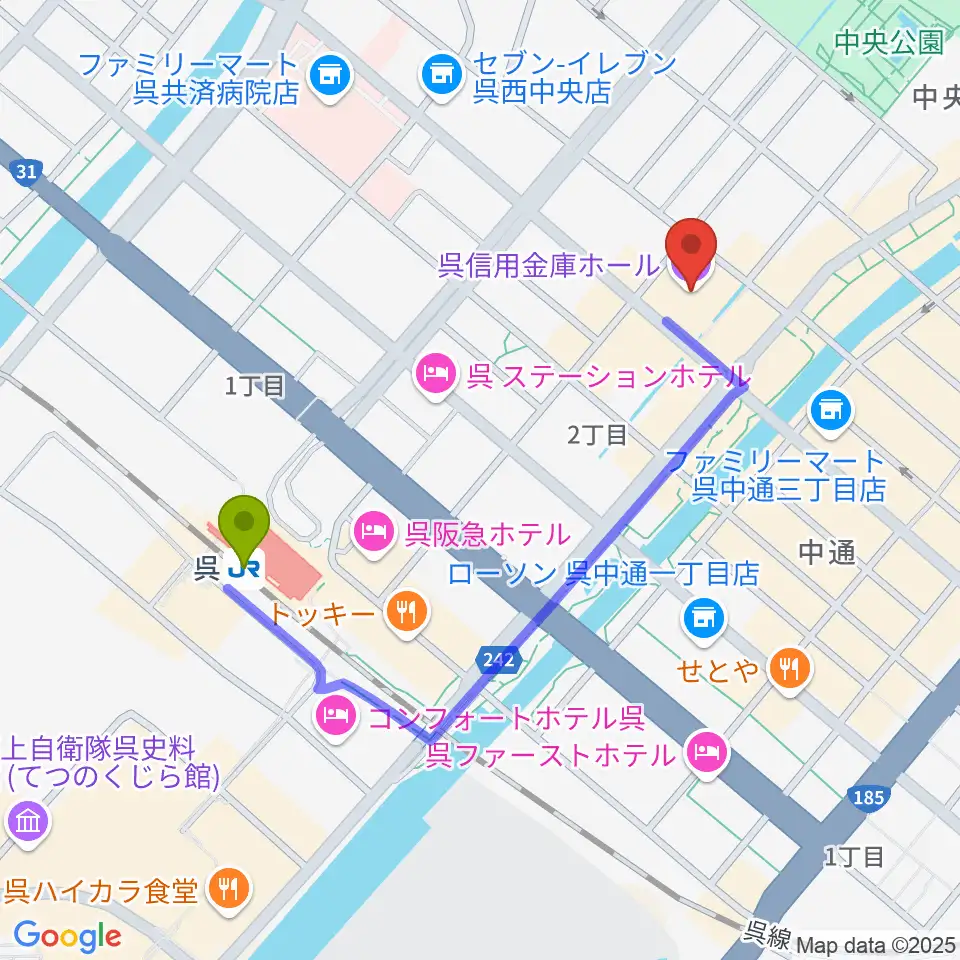 呉信用金庫ホールの最寄駅呉駅からの徒歩ルート（約9分）地図