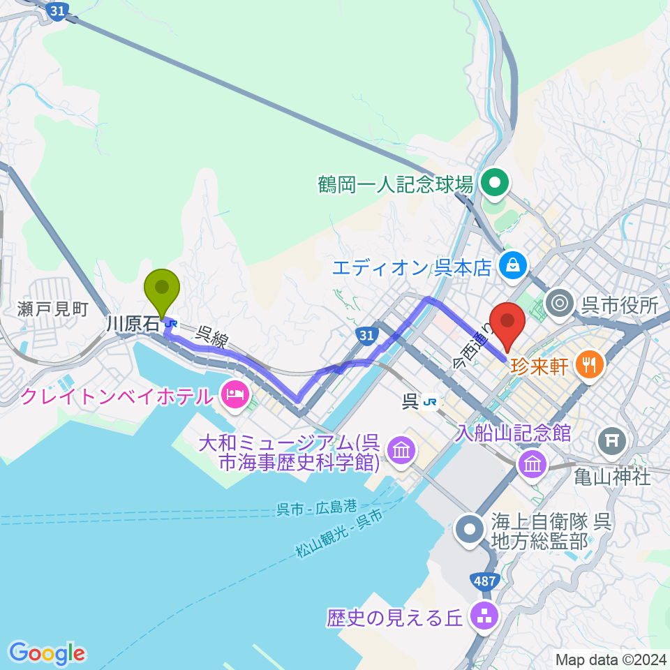 川原石駅から呉信用金庫ホールへのルートマップ地図