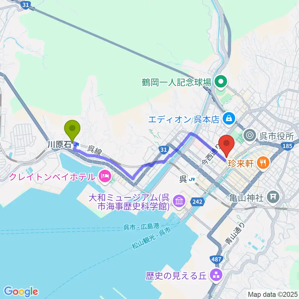 川原石駅から呉信用金庫ホールへのルートマップ地図