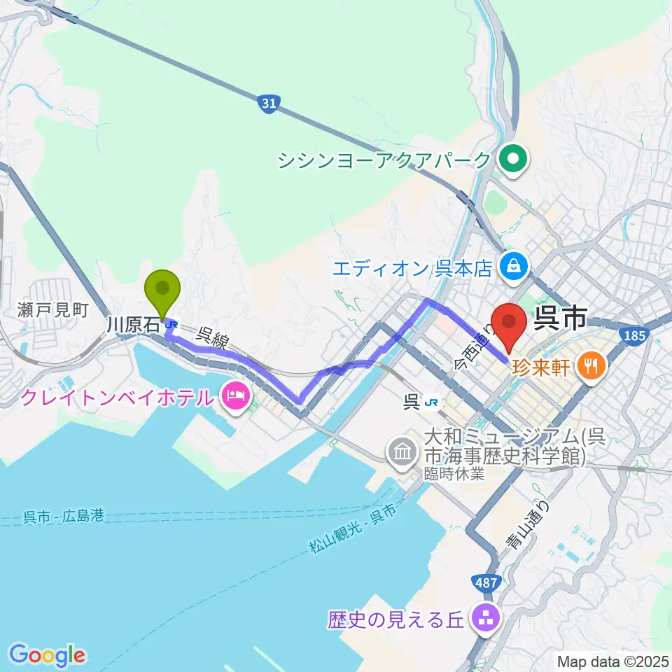 川原石駅から呉信用金庫ホールへのルートマップ地図