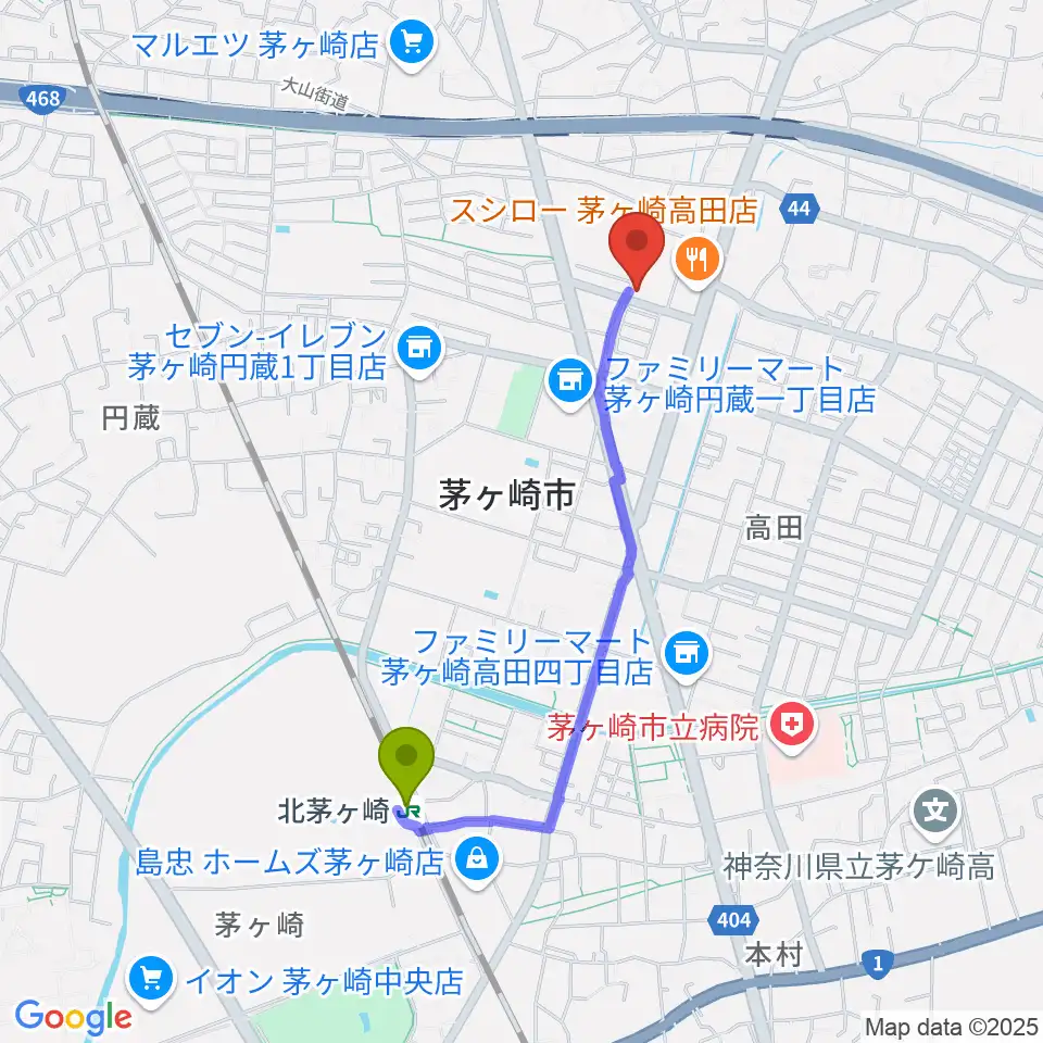 長谷川楽器店 鶴が台センターの最寄駅北茅ケ崎駅からの徒歩ルート（約17分）地図