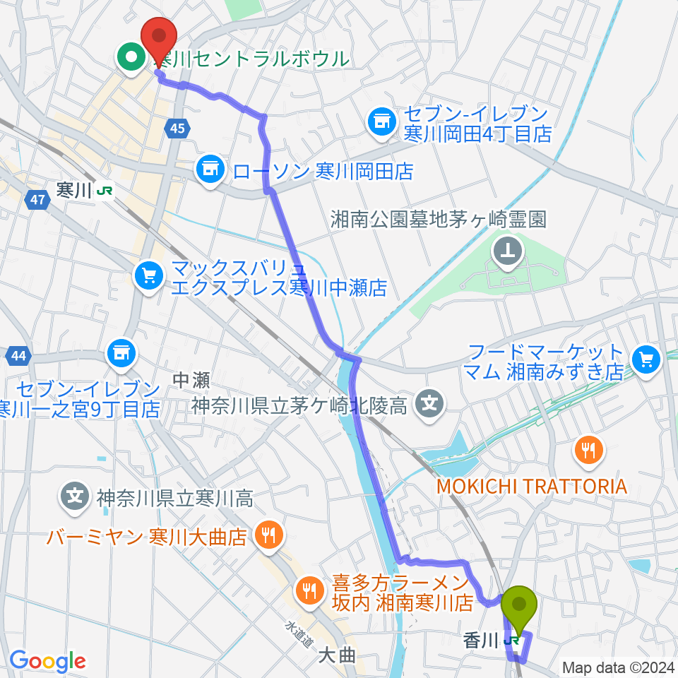 香川駅から長谷川楽器店 寒川センターへのルートマップ地図