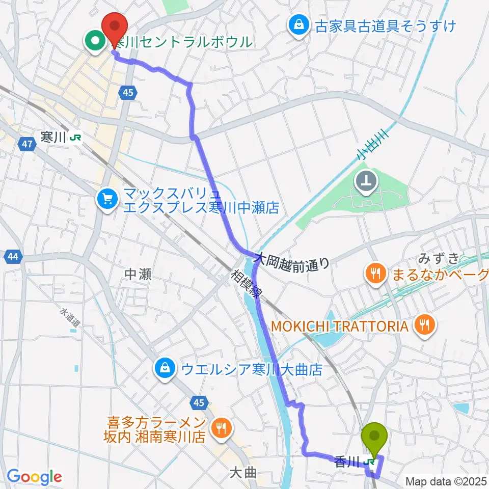 香川駅から長谷川楽器店 寒川センターへのルートマップ地図