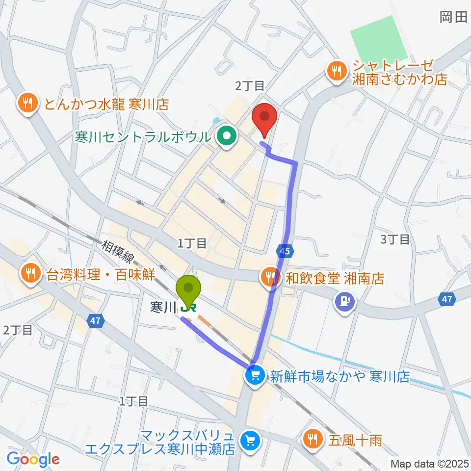長谷川楽器店 寒川センターの最寄駅寒川駅からの徒歩ルート（約6分）地図