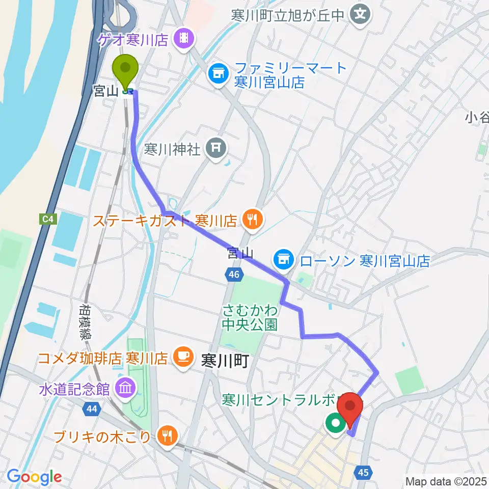 宮山駅から長谷川楽器店 寒川センターへのルートマップ地図
