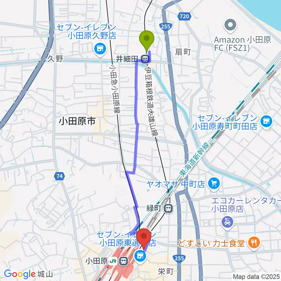 井細田駅から昭和音楽大学附属音楽・バレエ教室 小田原校へのルートマップ地図
