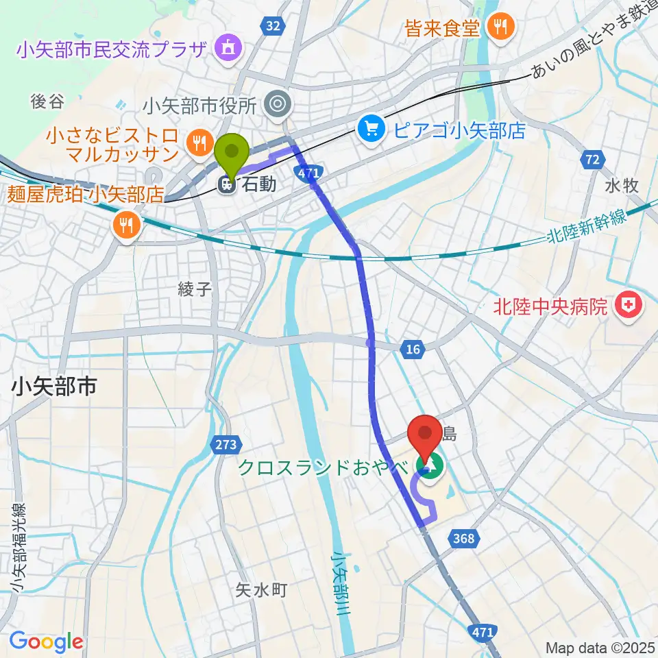 クロスランドおやべの最寄駅石動駅からの徒歩ルート（約32分）地図