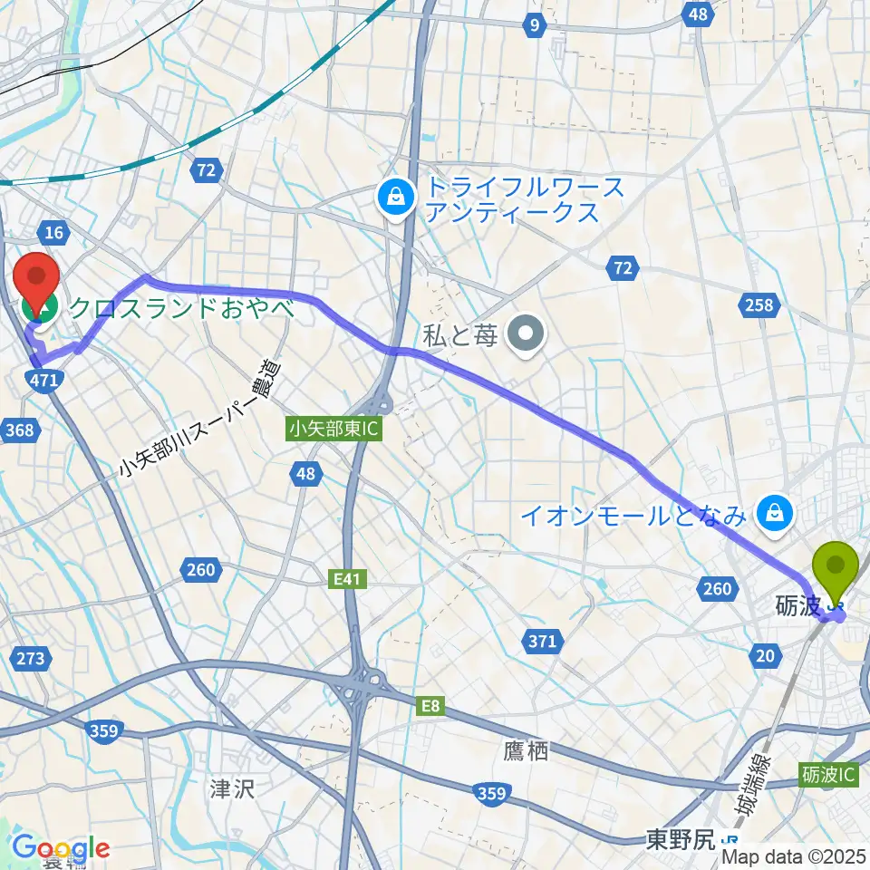 砺波駅からクロスランドおやべへのルートマップ地図
