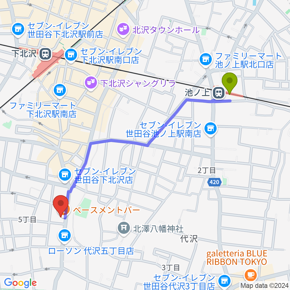 池ノ上駅から下北沢BASEMENT BARへのルートマップ地図