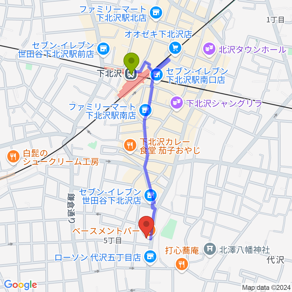 下北沢BASEMENT BARの最寄駅下北沢駅からの徒歩ルート（約9分）地図