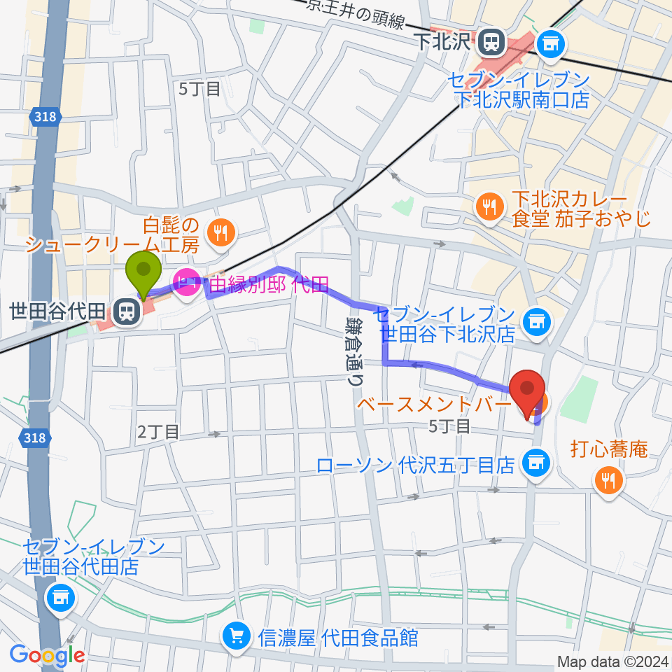 世田谷代田駅から下北沢BASEMENT BARへのルートマップ地図