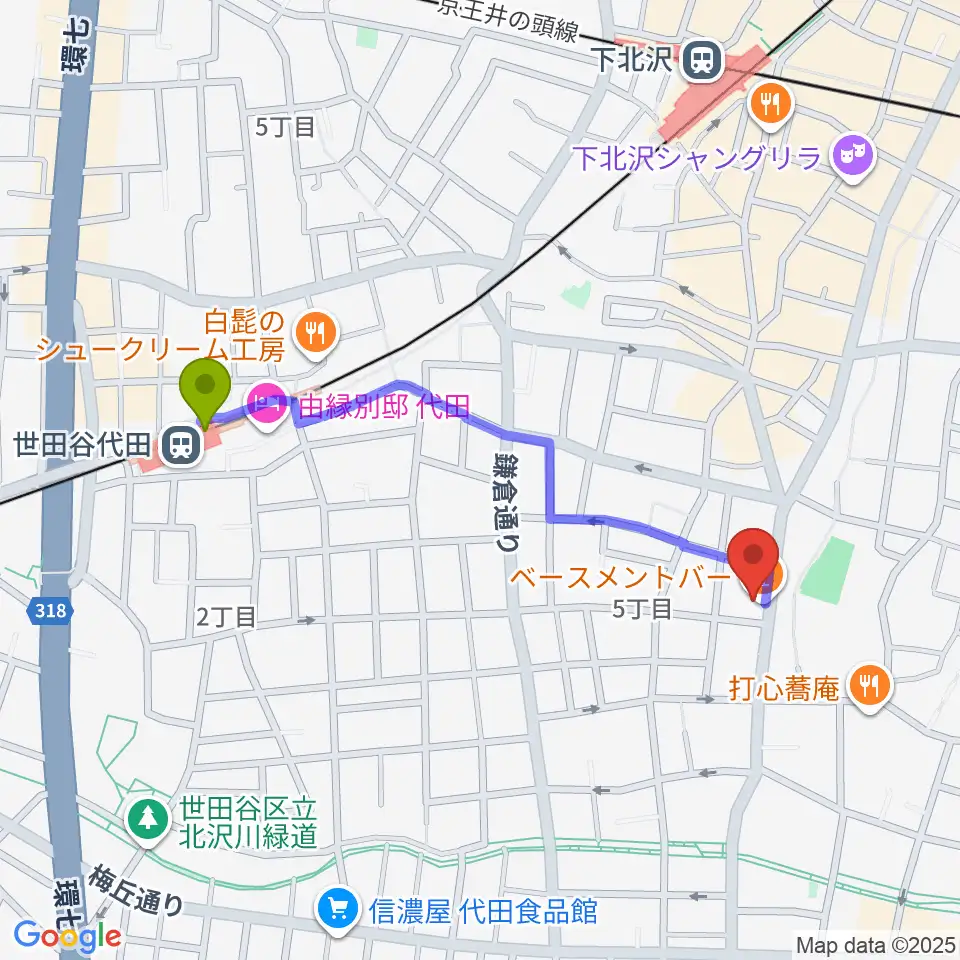 世田谷代田駅から下北沢BASEMENT BARへのルートマップ地図